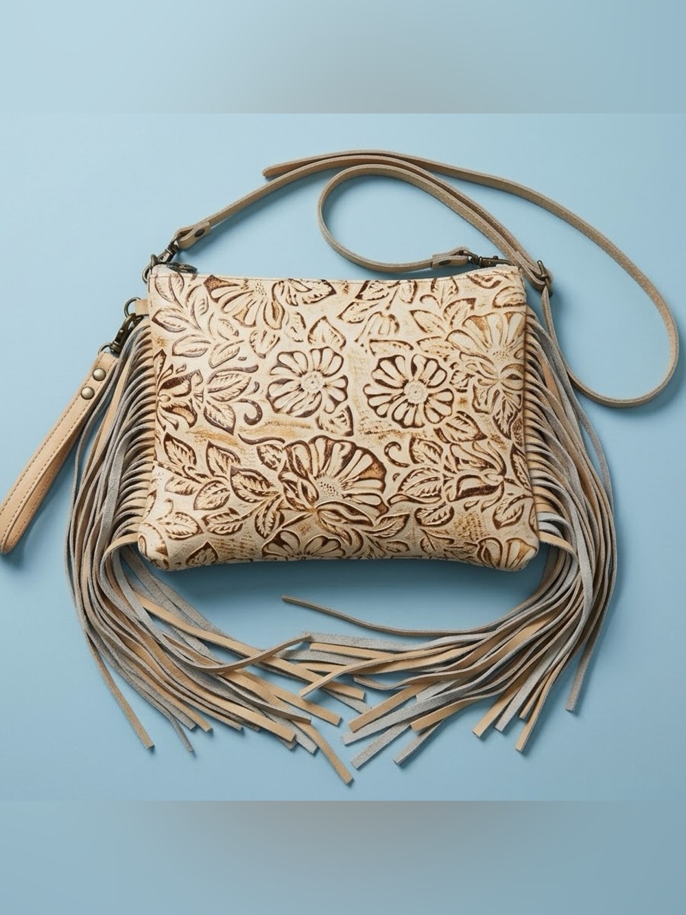 NWOT Myra Artisan Hand-Tooled Floral Leather Fringe Crossbody - Picture 3 of 8
